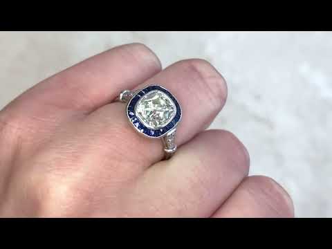 Antique Cushion Cut Diamond & French Cut Sapphire Halo Engagement Ring - Mosley Ring - Hand Video