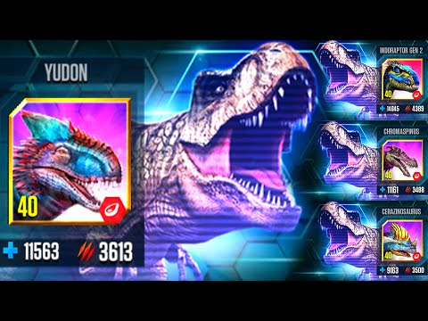 SOLO BATTLE YUDON VS INDORAPTOR GEN 2 VS CHROMASPINUS VS CERAZINOSAURUS | JURASSIC WORLD THE GAME