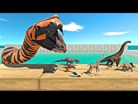 Dinosaurs and Animals Falling Into Tiger Mamba Tank - Animal Revolt Battle Simulator