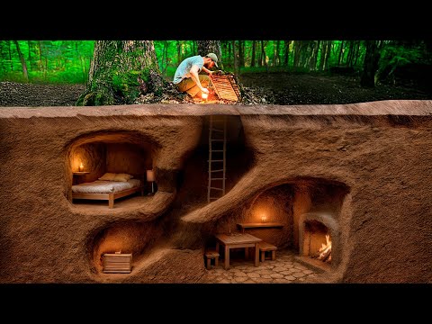 Construyendo un refugio secreto de supervivencia entre dos robles Bushcraft refugio de supervivencia