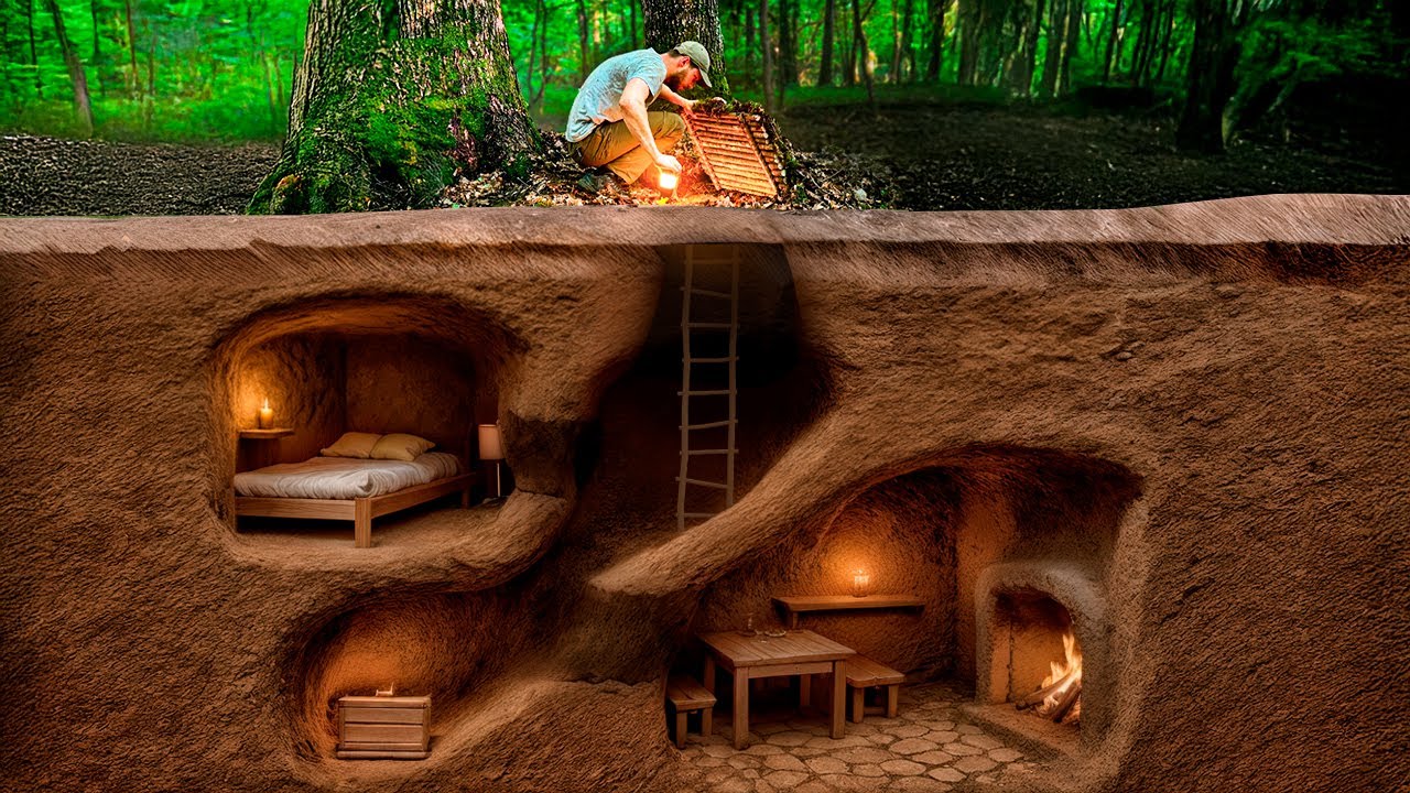 Building a Secret  Dugout Between Two Oak Trees. Bushcraft, Survival Shelter