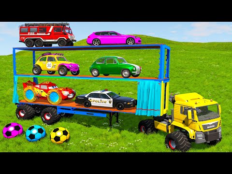 Flatbed Trailer Cars Transportation with Truck Rescue - Big & Small Mcqueen vs Slide Color - BeamNG
