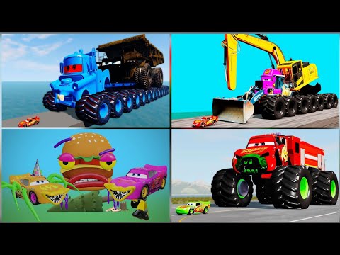 GIANT TOW MATER XXL CAR TRUCK WHEELS VS CARS LIGHTNING MCQUEEN IN BEAMNG DRIVE