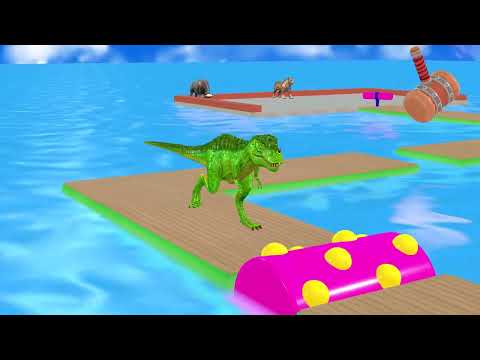 Animais Coloridos Dinossauros passando por obstáculos