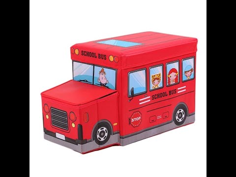 Kids School Bus Shape Storage Box with Lid Cum Sitting Stool Cum Playing Toy, Hard Cardboard, Red