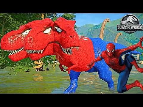 Colorful Brachiosaurus Superheroes Watch Epic Battle! Batman Shark vs. Spiderman T-Rex, Fighting