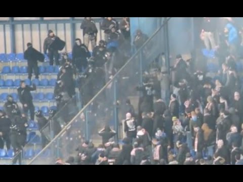 Wisła Kraków - Cracovia Kraków trouble in away sector with riot police