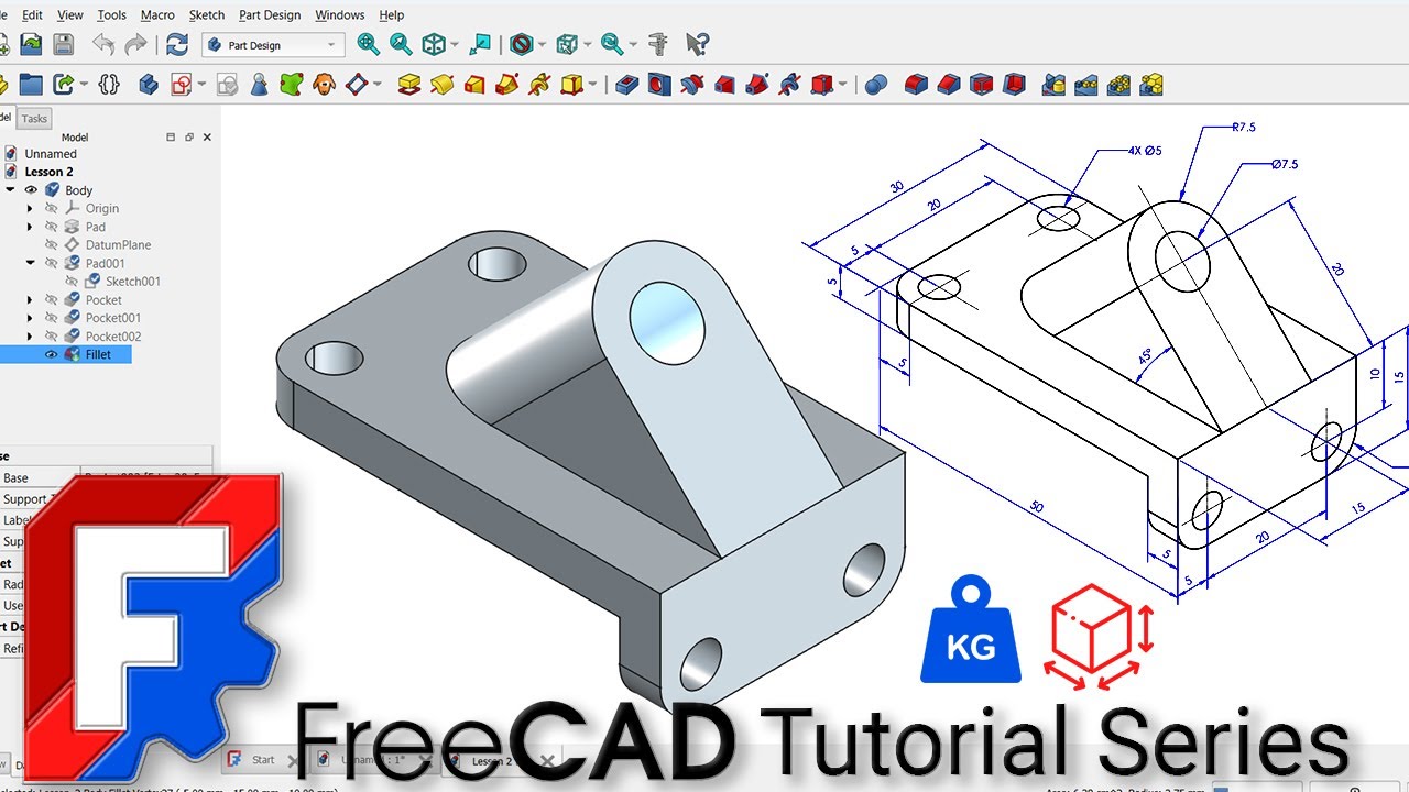 FreeCAD Beginner Course | Module 1 – Lesson 1 | 2D Isometric Drawings to 3D Models | Mass & Volume