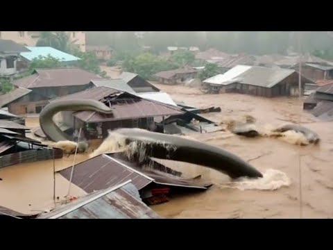 Huge snake hiding in the flooded waters