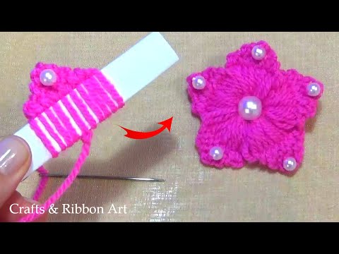 Amazing Woolen Flower Ideas with Paper - Easy Woolen Flower Making -  Hand Embroidery Easy Trick -
