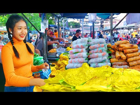 Best Street Food - Cambodia Yellow Pancakes, Beef Fried Noodles, Meatballs, Spring Rolls, Snacks
