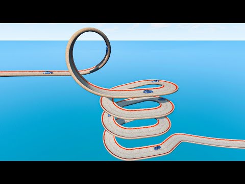 Impossible Spiral Bridge Crossing Stunt Cars Vs Cliff and Deep Water - BeamNG Drive
