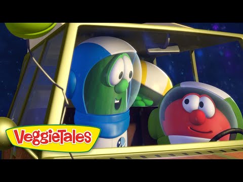 Green cucumber character in a blue space helmet sits in a yellow spaceship cockpit with a red, cheerful tomato character beside him.