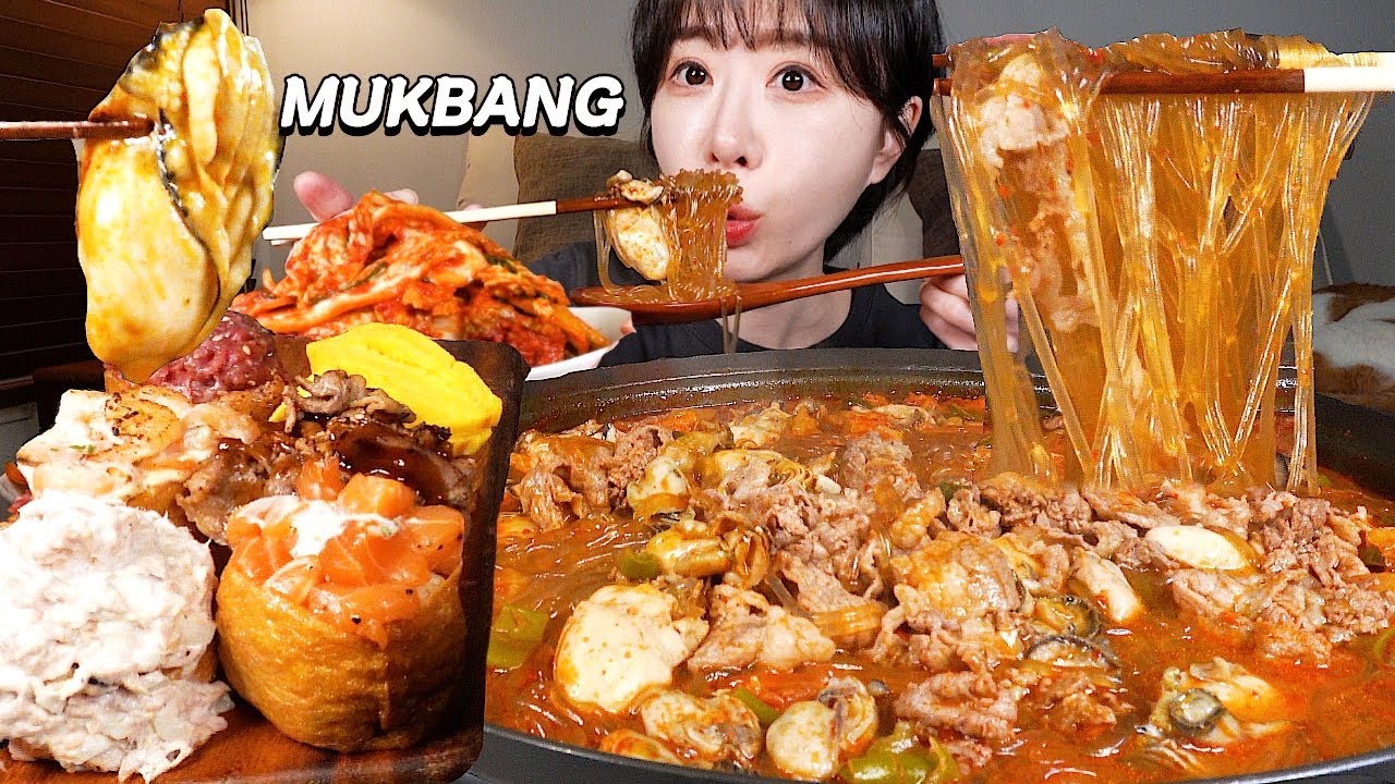 💗굴 가득 굴당면에 우삼겹까지 추가요😆 대왕유부초밥, 매운겉절이와 먹방 Oyster Glass Noodles, Giant Inari Su