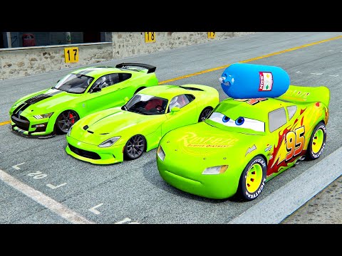 Lightning McQueen NOS Edition vs Dodge Viper GTS Monster vs Ford Mustan Shelby GT500 - Drag Race