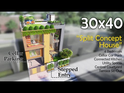 30X40 Feet | 1200 Sqft | Stepped House with semi Basement Parking & Central Courtyard | ID-142