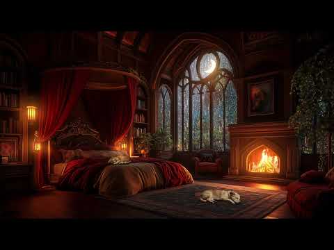 Cozy Castle Haven - Rain, Fireplace & Thunderstorm Sounds to Sleep Instantly with Dog and Cat