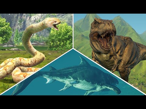 T REX VS TITANOBOA SNAKE VS MEGALODON SHARK- BATTLE | WHO WOULD WIN ? JURASSIC WORLD EVOLUTION 2