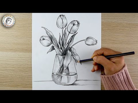 how to draw Flowers Vase | drawing | dibujo de flores | still life drawing | رسم | رسم مزهرية الزهور