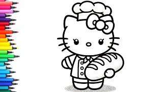 Hello Kitty Chef Holding a Loaf of Bread 🍞 | Drawing & Coloring Tutorial for Kids and Toddlers 