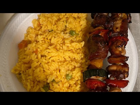 How to make shish kebab with yellow rice mix with vegetables