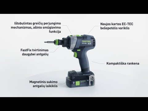 Smūginis suktuvas-gręžtuvas Festool QUADRIVE TPC 18/4 I-Basic-Set; 18 V; (be akumuliatoriaus ir pakrovėjo) video