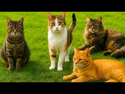 Cat and other animals walking on the lawn - Kitten meowing