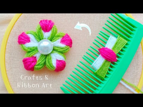 Super Easy Woolen Flower Making Trick Using Hair Comb - Hand Embroidery Amazing Flower Design