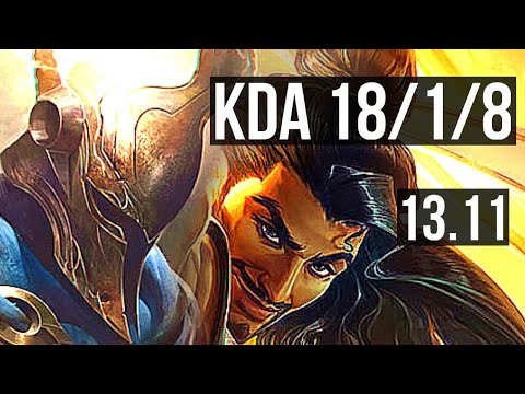 PANTHEON vs AKSHAN (MID) | 18/1/8, 8 solo kills, Legendary, 300+ games | KR Master | 13.11