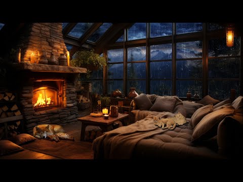 Rain & Thunderstorm with Lightning, Crackling Fireplace, Cats and Dog - Cozy Ambience to Relax
