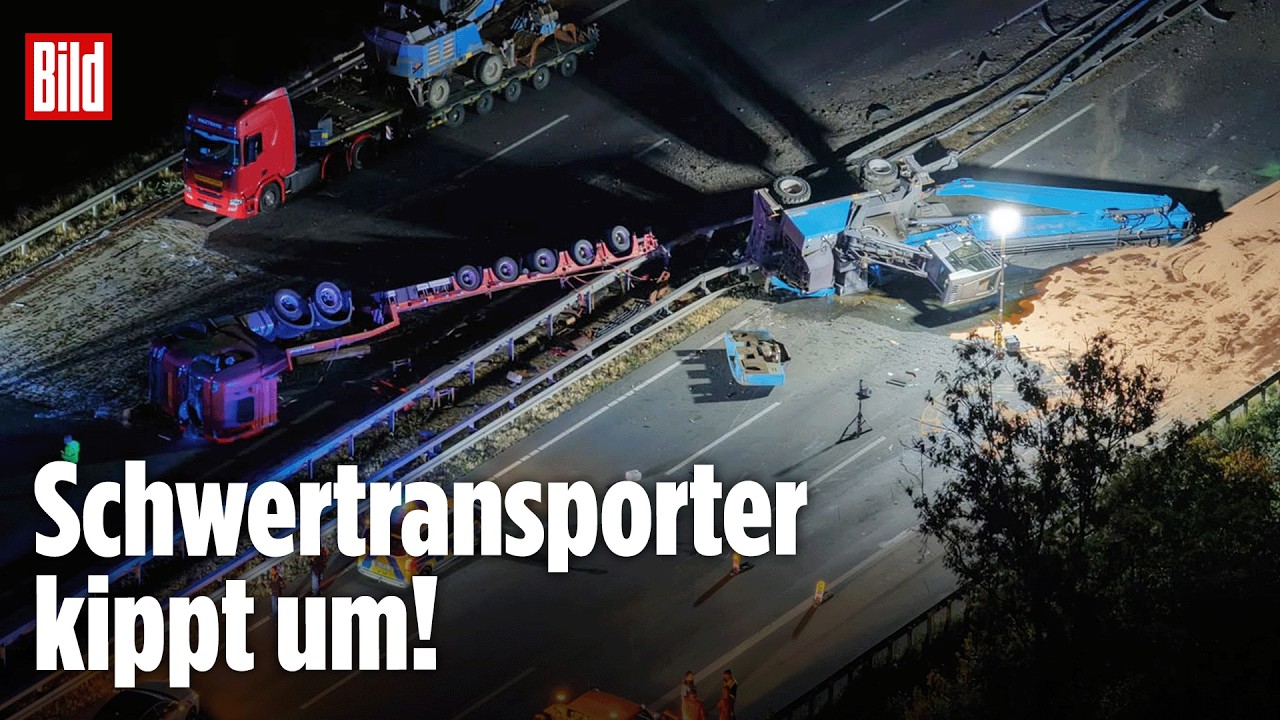 A2-Vollsperrung: Schwertransporter mit Baukran kracht nach Reifenplatzer um!