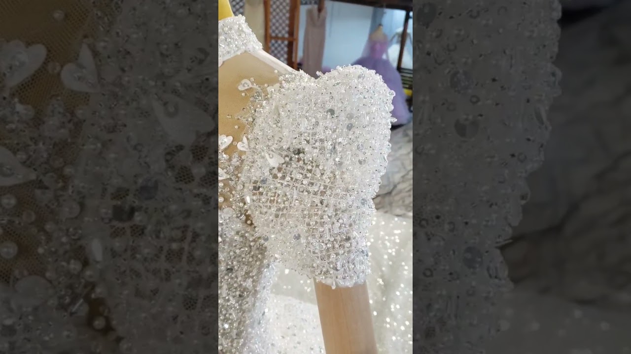 HTL2169 White Luxury Ruffle Short Sleeve High Neck Wedding Gown