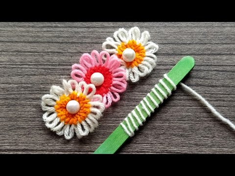 Simple and Beautiful Woolen Flower making with ice cream stick | Easy Hand Embroidery Flower Craft