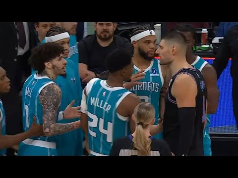 LaMelo Ball dunks with 10 secs left in game and Nikola Vucevic was heated