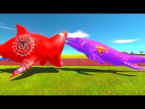 SPIDERMAN MEGALODON vs SUPERMAN MOSASAURUS DEATH RUN - Animal Revolt Battle Simulator