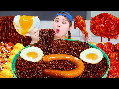 Mukbang Blackbean Noodle & MALA XIANG GUO TTeokbokki Korean Chicken EATING by HIU 하이유