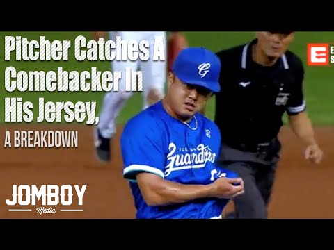 Pitcher catches a comebacker in his jersey, a breakdown