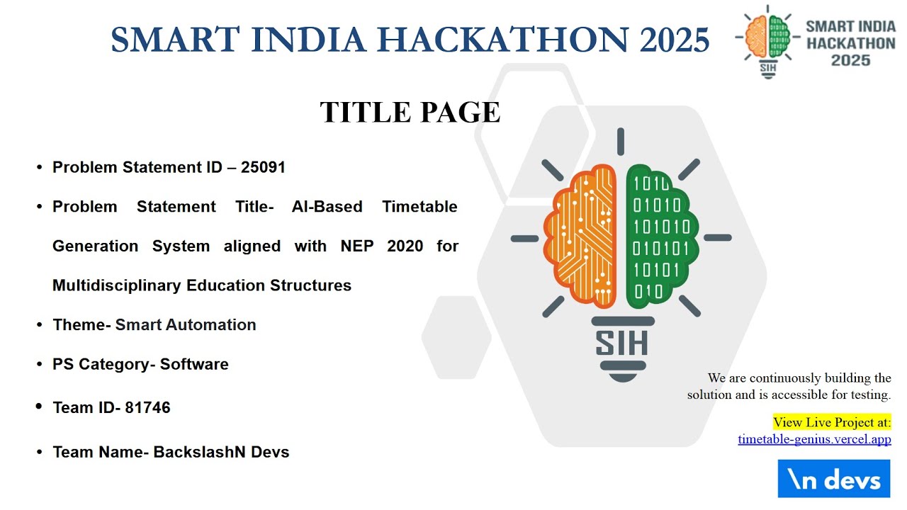 SIH25091 AI-Based Timetable Generation | Solution by Team BackslashN Devs | Smart India Hackathon 25