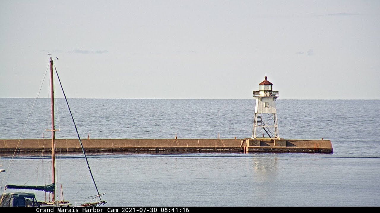 Live webcam view of Grand Marais Harbor on Lake Superior