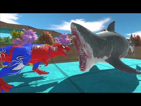 Colored spiderman T-REX VS MEGALODON DEATH RUN - ANIMAL REVOLT BATTLE SIMULATOR || dino toys eps5