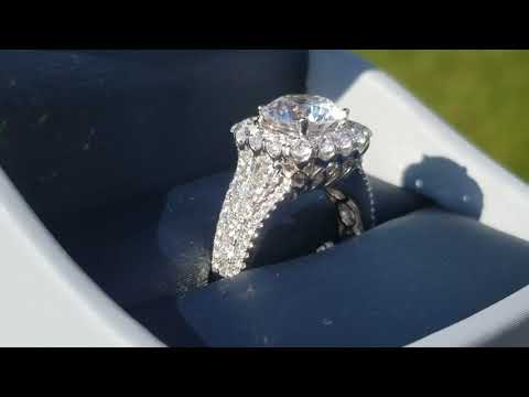 Simon G. Large Round Cut Center Halo Pave Diamond Engagement Ring