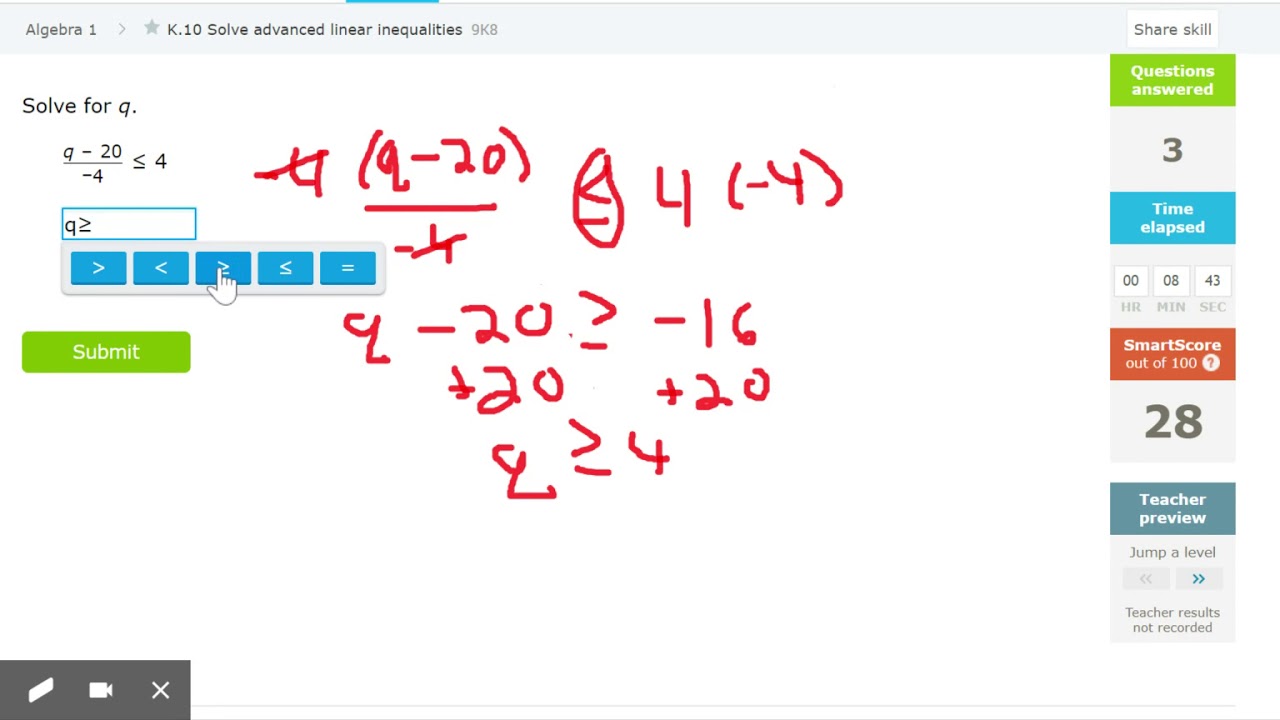 IXL   Solve advanced linear inequalities Algebra 1 practice