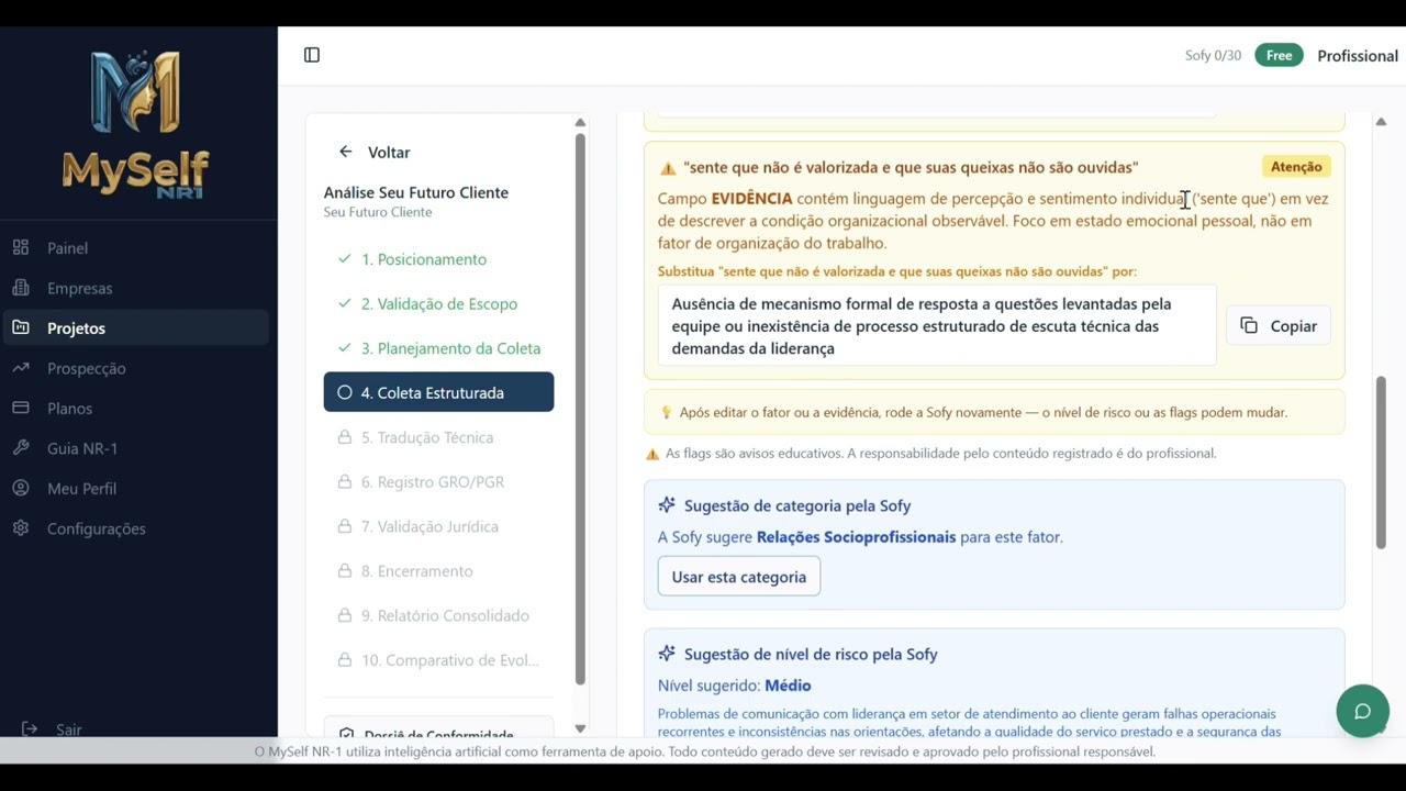 Demonstração MySelf NR-1 — Sofy detectando linguagem clínica na etapa 4