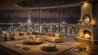 Rainy NYC Night Jazz 🌧️🏙️ Cozy Luxury Penthouse with Fireplace Ambience