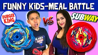 Burger King Beyblade vs Subway Kid&#39;s Meal Battle!  Boy vs Girl Beyblade Burst Episode!