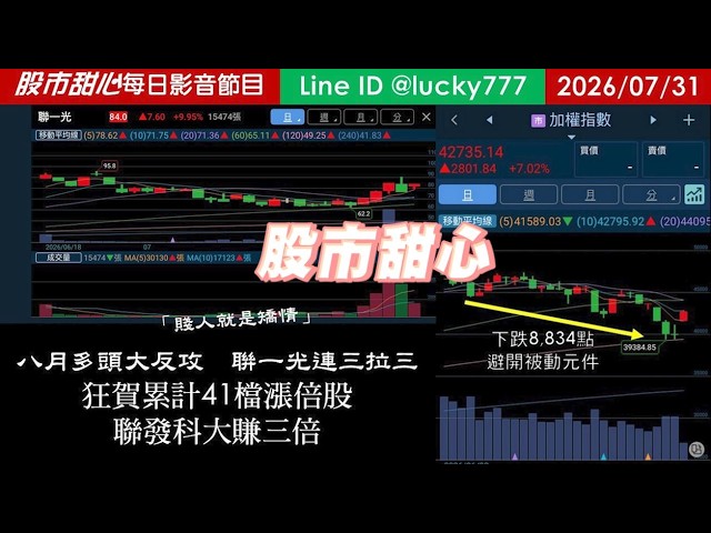 0731【甜心盤後節目】《赤馬紅羊2.0先修班即刻報名觀看》狂賀！累計41檔長輩股，發哥大賺三倍！八月多頭大反攻，聯一光連三拉三，「賤人就是矯情」／諮詢專線變更為0266321068