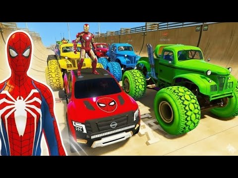 SPIDERMAN CARS Monster Trucks Mega Rampa Challenge ! SUPERHERO HULK Iron Man Goku Racing 