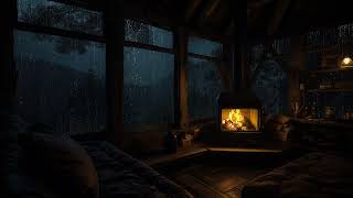 Cozy Cabin at Night with Rain on the Windows | Warm Fireplace Ambience for Deep Rest and Calm