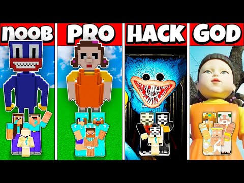 HUGGY WUGGY VS SQUID GAME DOLL BUILD CHALLENGE - NOOB vs PRO vs HACKER vs GOD Minecraft Animation