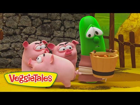 Green cucumber character looks worried while three pigs gather around a wooden bucket of food.